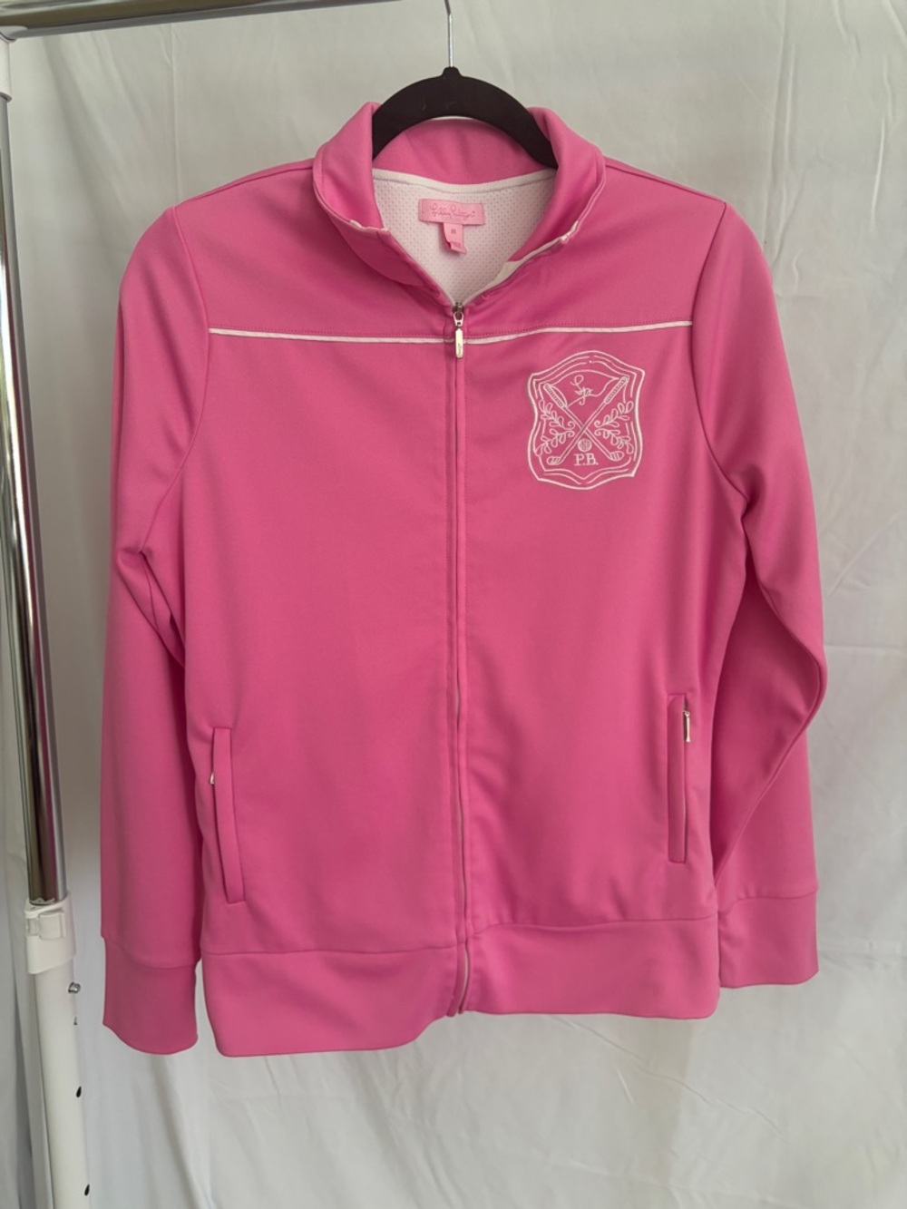 Lilly Pulitzer Pink and White Golf Jacket with Palm Beach Embroidery